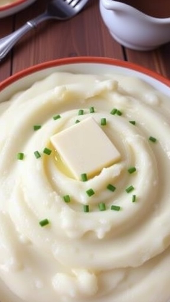 A bowl of creamy mashed potatoes with butter and chives on a rustic table.